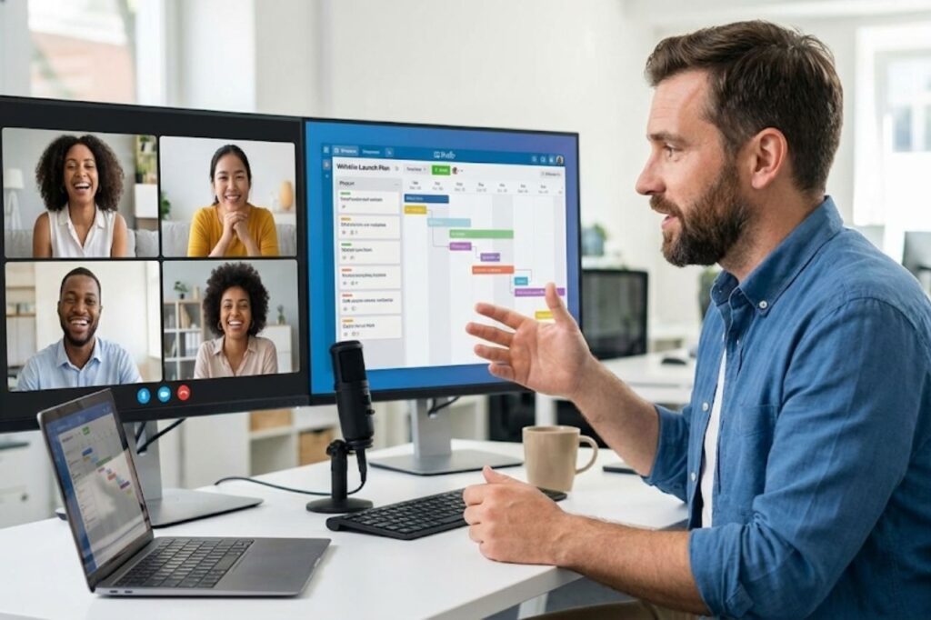 Foto eines Agenturmitarbeiters, der in einem Videocall mit KMU-Kunden die Webprojektplanung bespricht; Perspektive_ Frontale Ansicht mit Bildschirm im Hintergrund