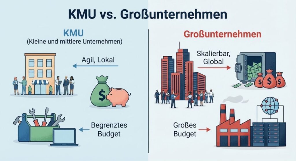 Illustrative Grafik „KMU vs. Großunternehmen“ mit Icons, die Business-Größe, Budget und Ressourcen visualisieren