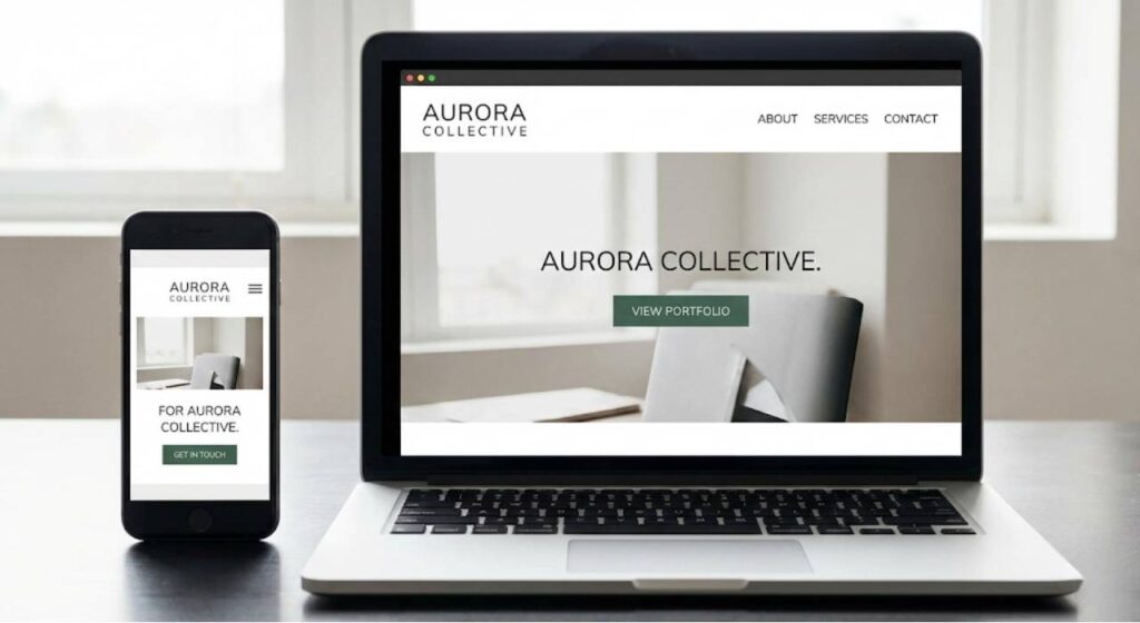 Nahaufnahme einer professionell gestalteten Website auf Desktop und Smartphone; Perspektive Bildschirmfoto mit erkennbarer Benutzerfreundlichkeit