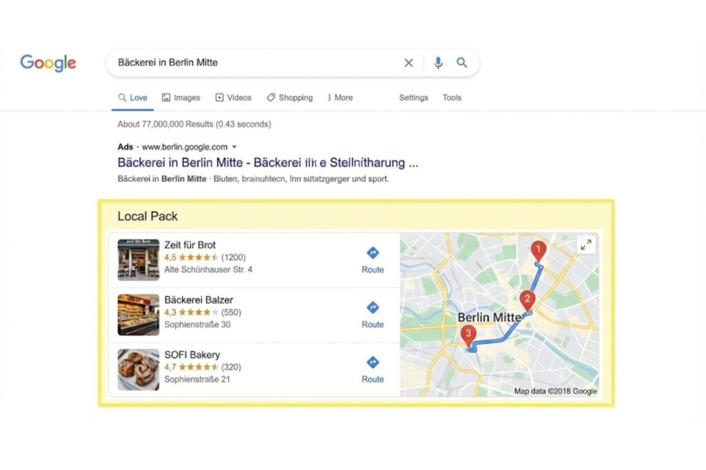 Screenshot eines Google-Suchergebnisses mit hervorgehobenem Local Pack aus drei Unternehmen und Karte