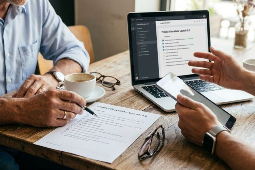 Szenisches Foto_ Geschäftsinhaber im Gespräch mit Agenturberater vor Laptop mit Projekt-Checkliste; Perspektive_ Nahaufnahme der Hände und Unterlagen