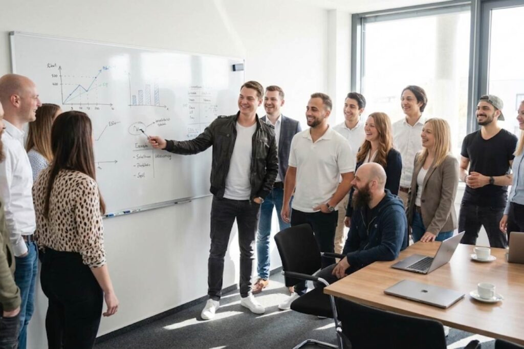 Zufriedenes Team bei einer Präsentation vor einem Whiteboard, Perspektive seitlich